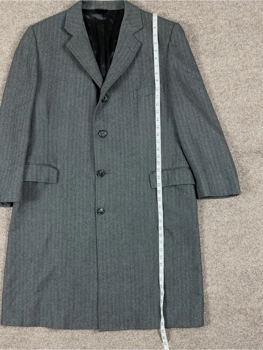 Vintage‎ Grey Herringbone 100% Wool Long Single Breasted Coat Men’s L Overcoat